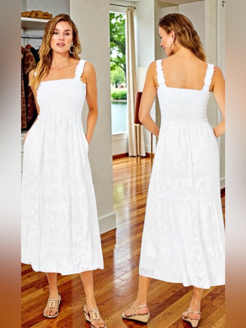LILLY PULITZER Hadly Smocked Bodice Maxi Dress Resort White Crepe Swirl Large